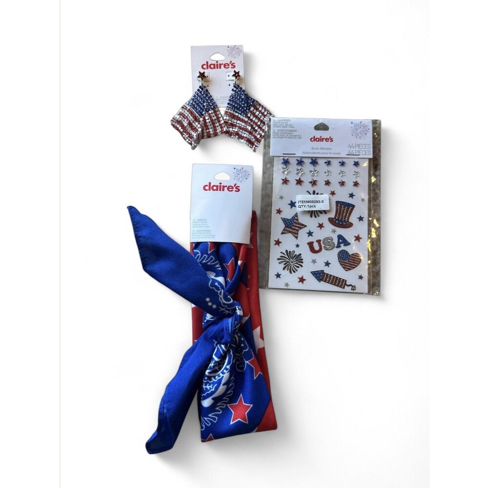 NWT Lot 3 Claire's Patriotic 4th of July Earrings Body Stickers & Bandana NEW
